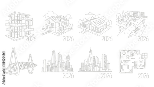 Architectural projections for 2026 showing a diverse range of modern and sustainable building