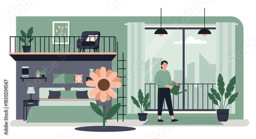 Urban oasis, woman nurturing indoor garden plants in contemporary living space