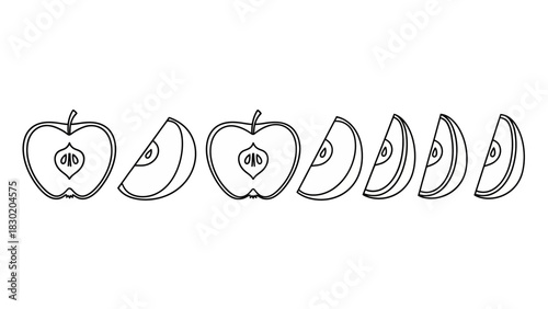 Apple slices outline in a row, perfect for coloring books and educational content, delicious fruit
