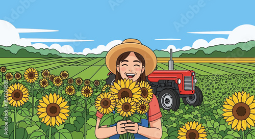 Illustration of a happy farmer girl holding sunflowers in a sunflower field