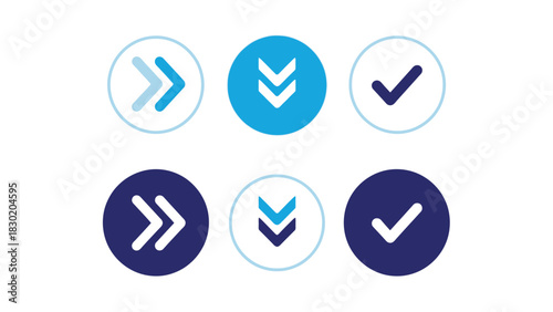 Vector illustration of set of six round icons with arrows and check marks