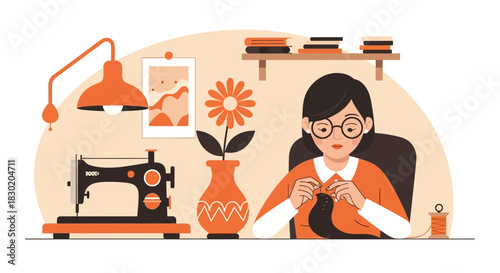 Illustration of a focused woman sewing in a cozy crafting space with warm lighting