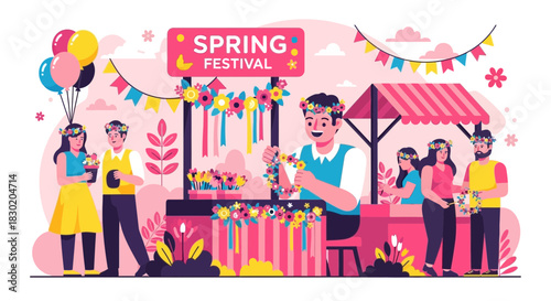 Celebration of spring in the flower market decorated with garlands and balloons