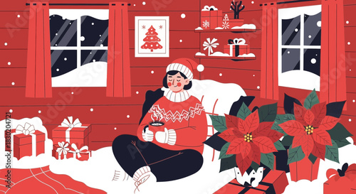 Cozy winter illustration with woman drinking coffee surrounded by festive elements