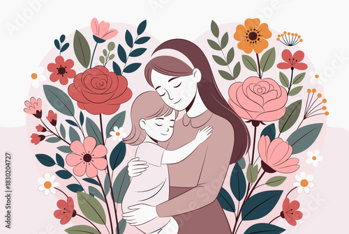 Mother hugging daughter with floral heart background 
