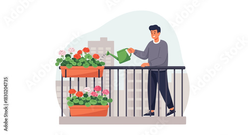 Man tending his balcony garden, watering colorful geraniums on a city apartment