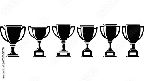 Collection of black and white trophy illustrations for achievement and victory awards showcasing a