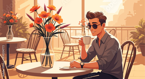 Elegant cartoon man enjoying coffee at an outdoor cafe with floral decorations