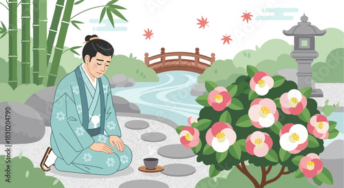 Tranquil moment: Japanese man in traditional garden, illustrative vector art