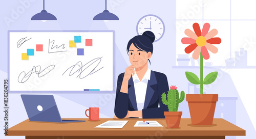 Woman in a productive workspace contemplating business analytics and strategy