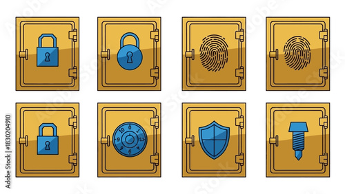 Collection of Secure Vault Icons Representing Different Security Measures and Lock Types