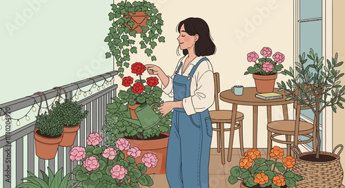 Serene balcony garden scene with woman watering flowers in a peaceful setting