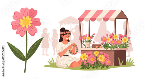 Bohemian summer: a flower artist creates a floral wreath at a fairground market