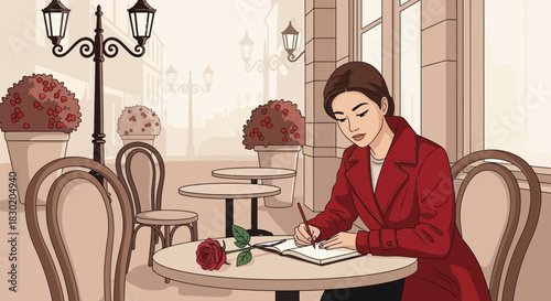 Charming illustration of a woman writing at an outdoor café in a european city