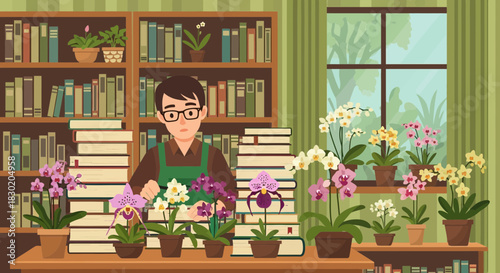 Cartoon florist tending to orchids amidst a literary atmosphere of books