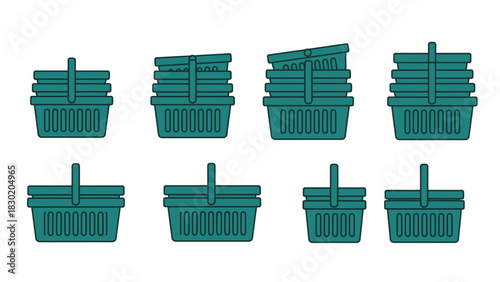 Collection of stylized shopping baskets in various stacking configurations artwork