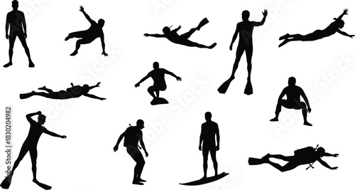 Diving and surfing silhouettes, aquatic sports illustration, swimming artwork, water recreation design, creative ocean drawing, professional athlete scene, underwater activity art