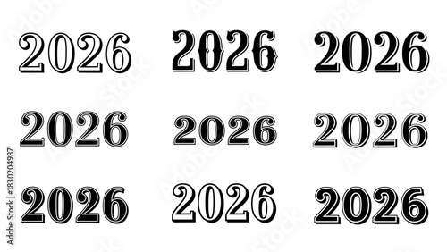Collection of varied 2026 typography designs for new year or future event promotions illustration