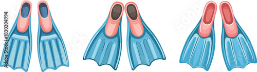 Colorful cartoon diving fins illustration combining playful blue and coral tones for fun water sport adventures