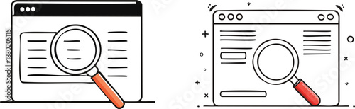 Cute doodle browser window illustration showing magnifying glass searching online content with playful minimalist styling
