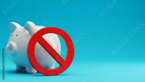 Symbol of financial struggle, debt, and the inability to save money. A piggy bank is crossed out with a red forbidden sign on a blue background with copy space