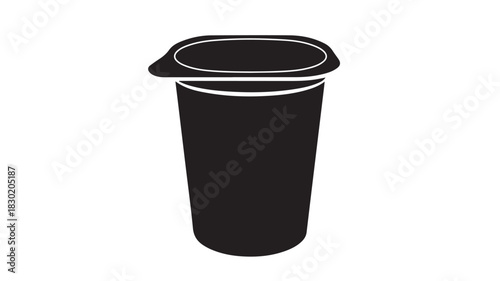 Black and white vector illustration of a yogurt cup with lid simple flat design isolated on white background