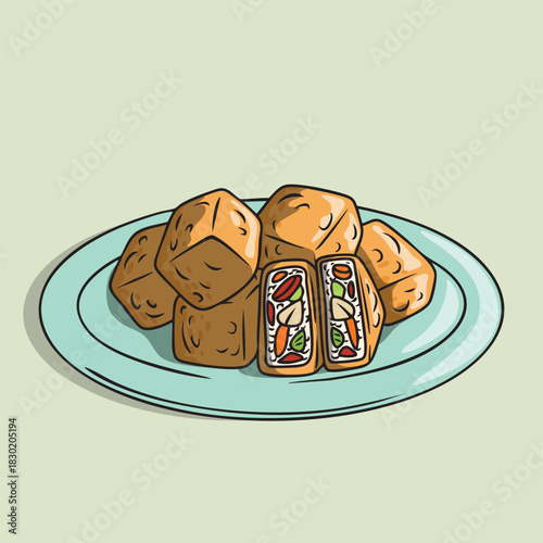 Illustration of Indonesian Snack Spicy Tahu Jeletot on a Plate