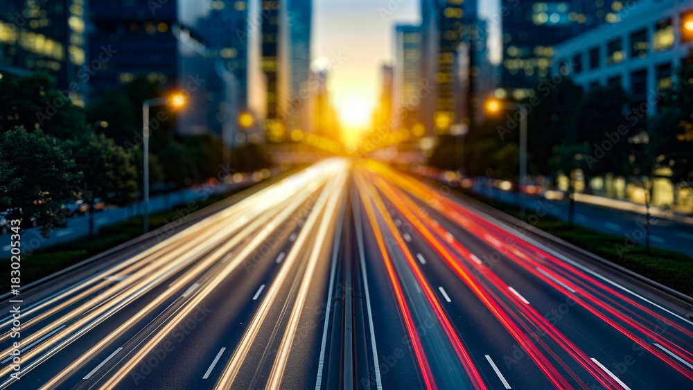 Naklejka premium Highway traffic scene at sunset, with streaks of light from moving vehicles creating a dynamic atmosphere, showcasing urban life and the concept of traffic congestion