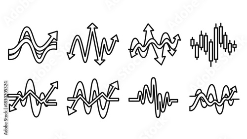 Diverse line art graphs depicting trends of increase decrease and fluctuation showing financial
