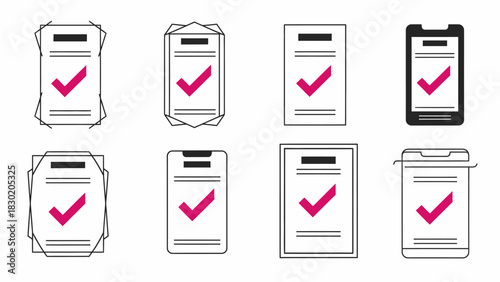 Diverse mobile and paper document icons with checkmarks representing confirmation or approval