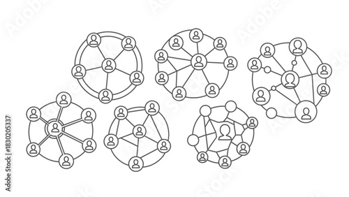 Diverse social network configurations connecting individuals illustration in black and white