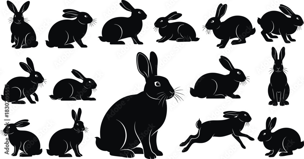 Naklejka premium Black rabbit silhouette vector set, cute bunny in various action poses including sitting, running, and resting, isolated domestic and wild animal icons, simple graphics.