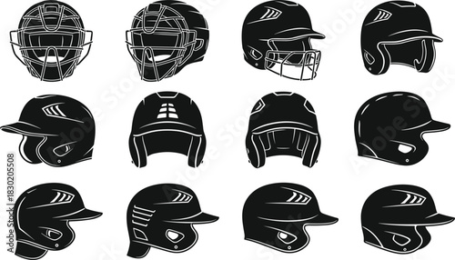 Baseball and Softball Helmets Silhouettes Collection, Catcher Mask, Batting Helmets, Protective Headgear, Sports Equipment, Safety, American Pastime Game, Vector Illustration Set on White.