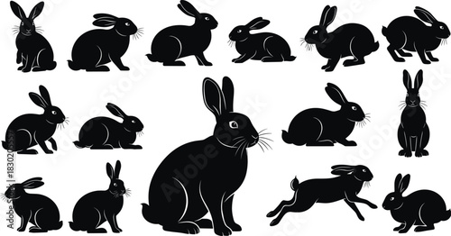 Black rabbit silhouette vector set, cute bunny in various action poses including sitting, running, and resting, isolated domestic and wild animal icons, simple graphics.