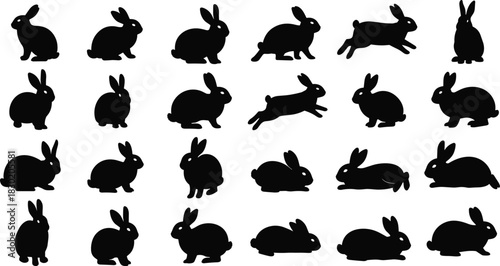 Black rabbit silhouette vector set, cute bunny in various action poses like sitting, running, and hopping, isolated domestic and wild animal icons, simple graphics collection for Easter.