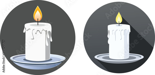 Lit white candle illustration with wax drips on plate symbolizing calm warmth spiritual ambiance minimal elegance and serenity