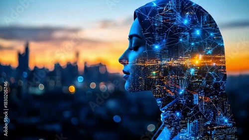 Digital connection concept of a Muslim woman in a hijab overlaid with a glowing cityscape and AI network at dusk