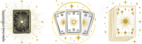 Mystical tarot cards illustration showing golden magical symbols fortune telling spiritual insight predictions and ornate decorative design