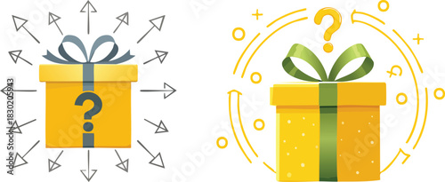 Yellow present with question mark illustration symbolizing mystery surprise unexpected gifts curiosity playful suspense and creative conceptual visual