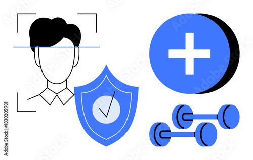 Facial recognition concept. Facial recognition with shield, healthcare symbol, and fitness dumbbells in blue. Facial recognition for tech, safety, healthcare, fitness, and app design