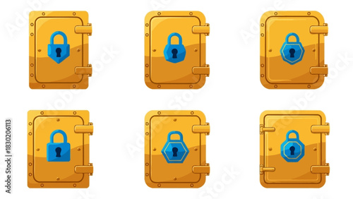 Illustration of Cartoon Style Safe Doors with Various Lock Designs for Game Assets