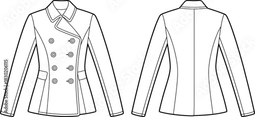 Women's fitted double-breasted pea coat jacket fashion illustration technical CAD drawing flat vector template with collar and long sleeves, front and back.