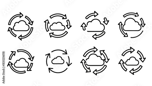 Illustration of cloud computing icons representing synchronization and data flow process