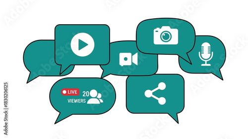 Illustration of communication icons in teal speech bubbles representing social media networking