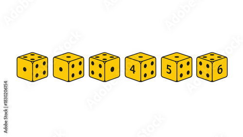 Illustration of six yellow dice showing numbers one to six lined up neatly in a row