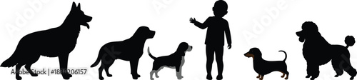 Dog silhouettes, child with dogs, German Shepherd, Labrador Retriever, Beagle, Dachshund, Poodle, pet outline, animal design, family concept, breed comparison