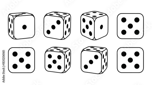 Illustration of White Dice with Black Spots Representing Different Numbers