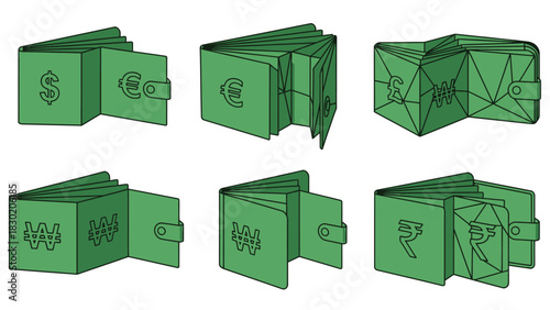 Illustrations of green wallets with currency symbols representing global finance