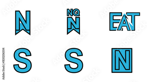 Modern graphic design featuring diverse typography and letterforms in blue outline illustration