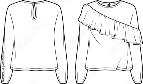 Women's long-sleeve blouse fashion illustration technical CAD drawing with diagonal ruffle detail and keyhole neckline flat vector template, front and back.